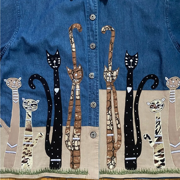 🌈4/$20🌈 Vintage 90s/Y2K CAT Applique Star Embroidered Kitsch Denim Shirt 2X - Picture 5 of 13